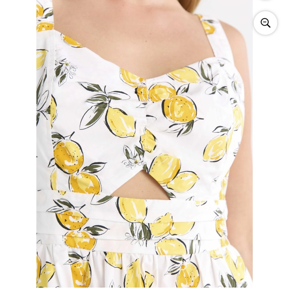 Free Assembly Women's Ruched Cutout Cotton Midi Dress Lemon Print White Sundress - Picture 3 of 9